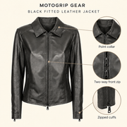 Black women's fitted lambskin racer jacket, infographic.