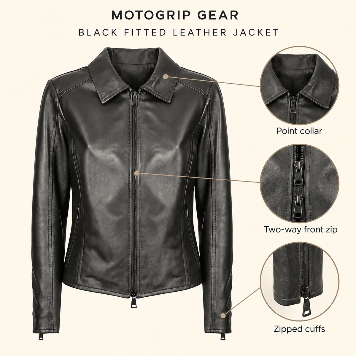 Black women's fitted lambskin racer jacket, infographic.