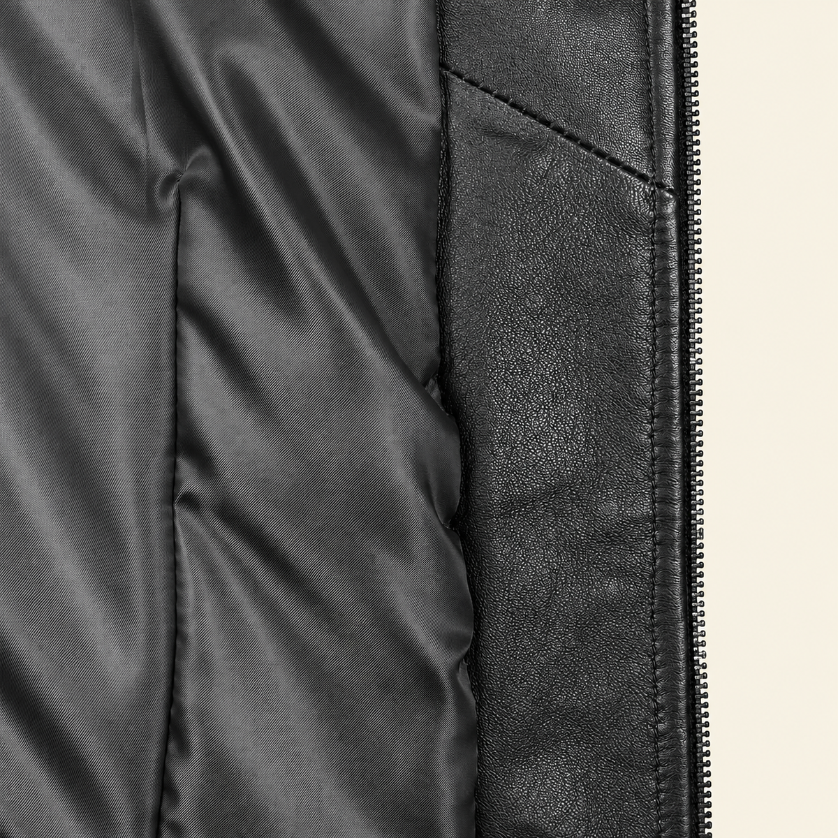 Black women's fitted lambskin racer jacket, inner.