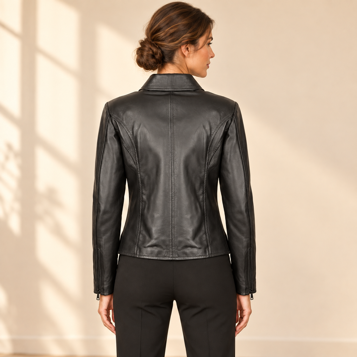 Black women's fitted lambskin racer jacket, model back.