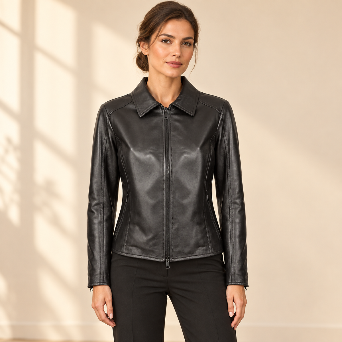 Black women's fitted lambskin racer jacket, model front.
