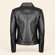 Black women's fitted lambskin racer jacket, product back.