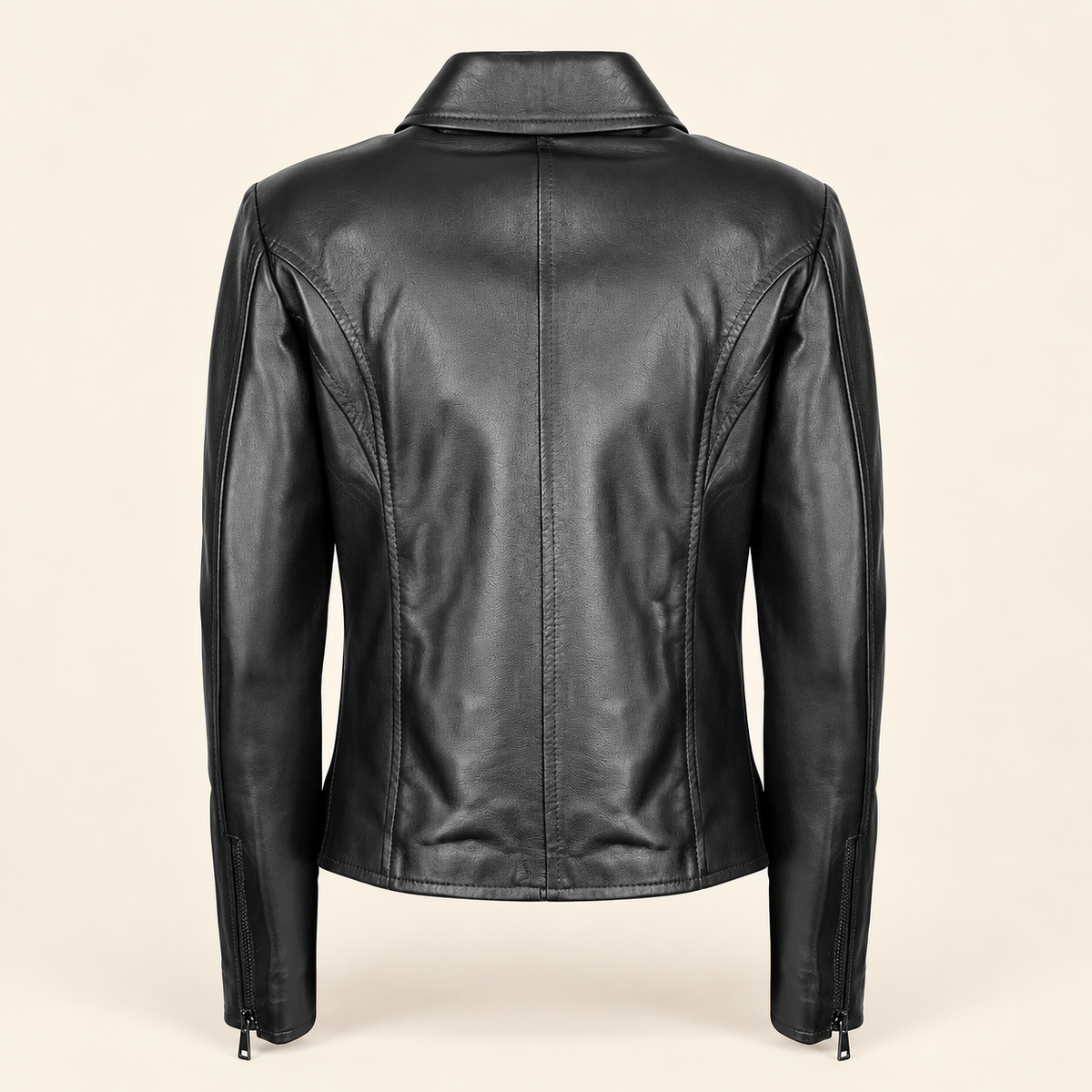 Black women's fitted lambskin racer jacket, product back.