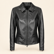 Black women's fitted lambskin racer jacket, product front.