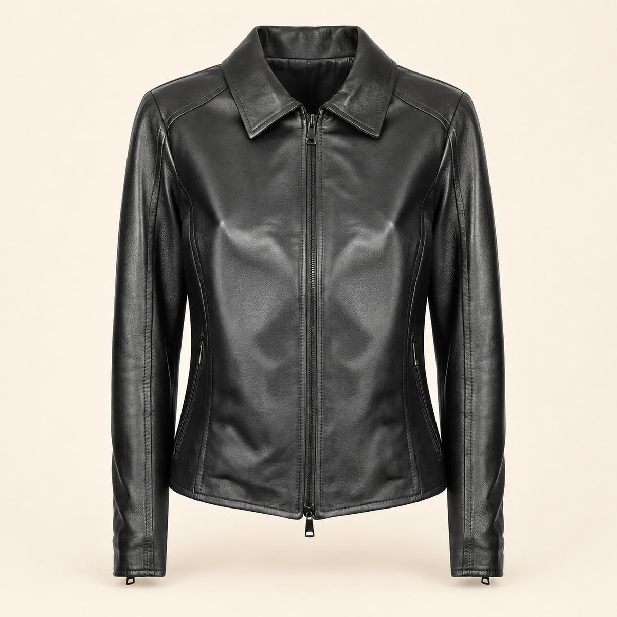 Black women's fitted lambskin racer jacket, product front.