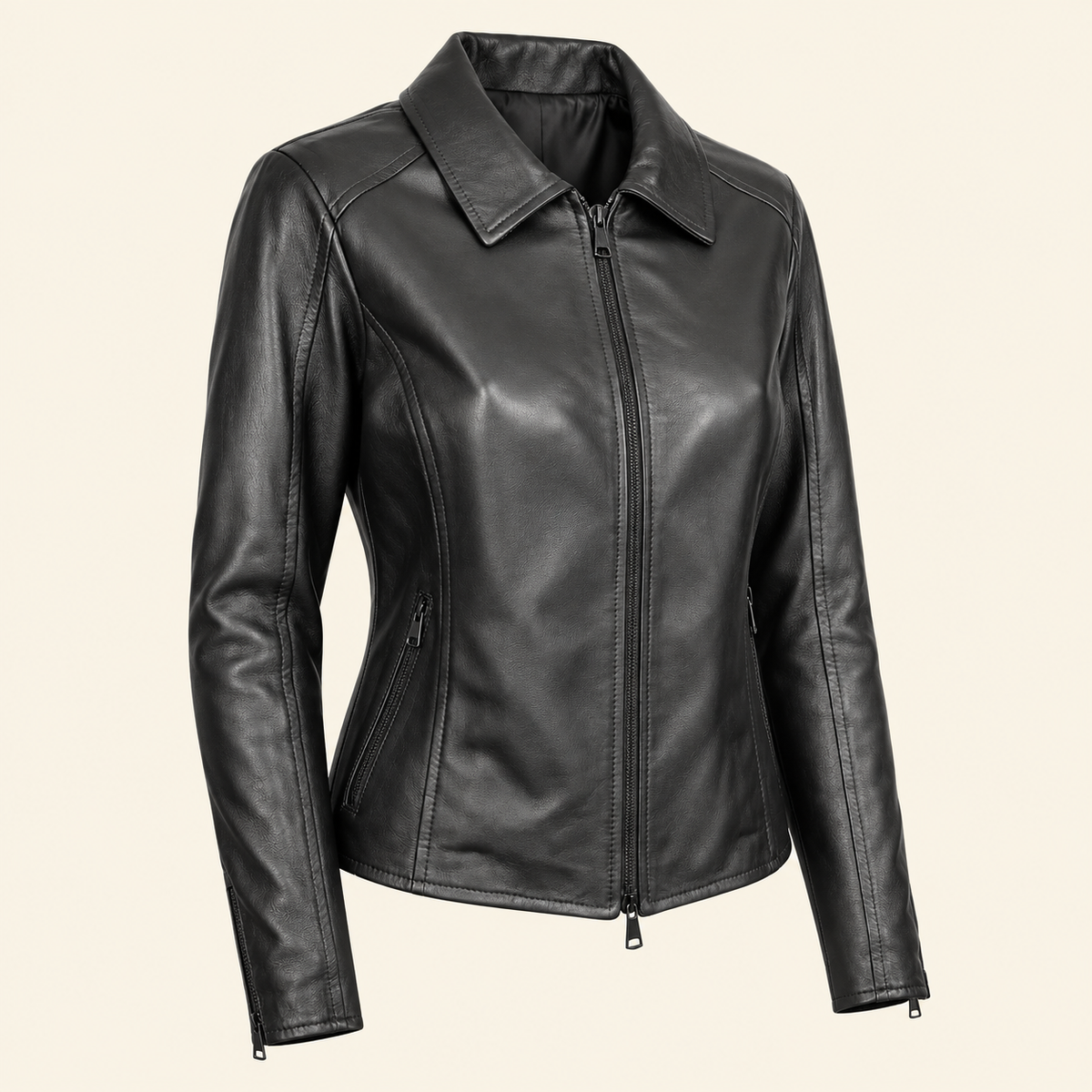 Black women's fitted lambskin racer jacket, side angle.