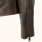 Dark Brown women's fitted lambskin racer jacket, close up.