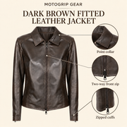 Dark Brown women's fitted lambskin racer jacket, infographic.