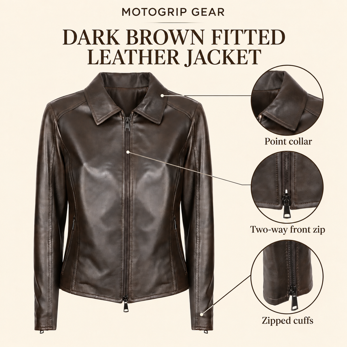 Dark Brown women's fitted lambskin racer jacket, infographic.