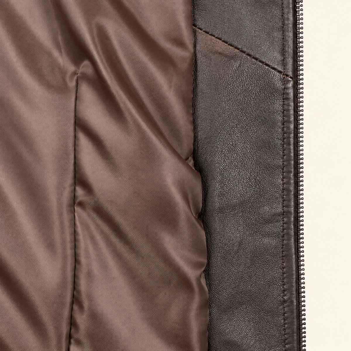 Dark Brown women's fitted lambskin racer jacket, inner.