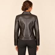 Dark Brown women's fitted lambskin racer jacket, model back.
