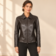 Dark Brown women's fitted lambskin racer jacket, model front.