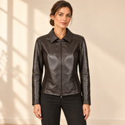 Dark Brown women's fitted lambskin racer jacket, model front.