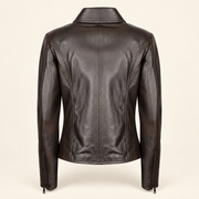 Dark Brown women's fitted lambskin racer jacket, product back.