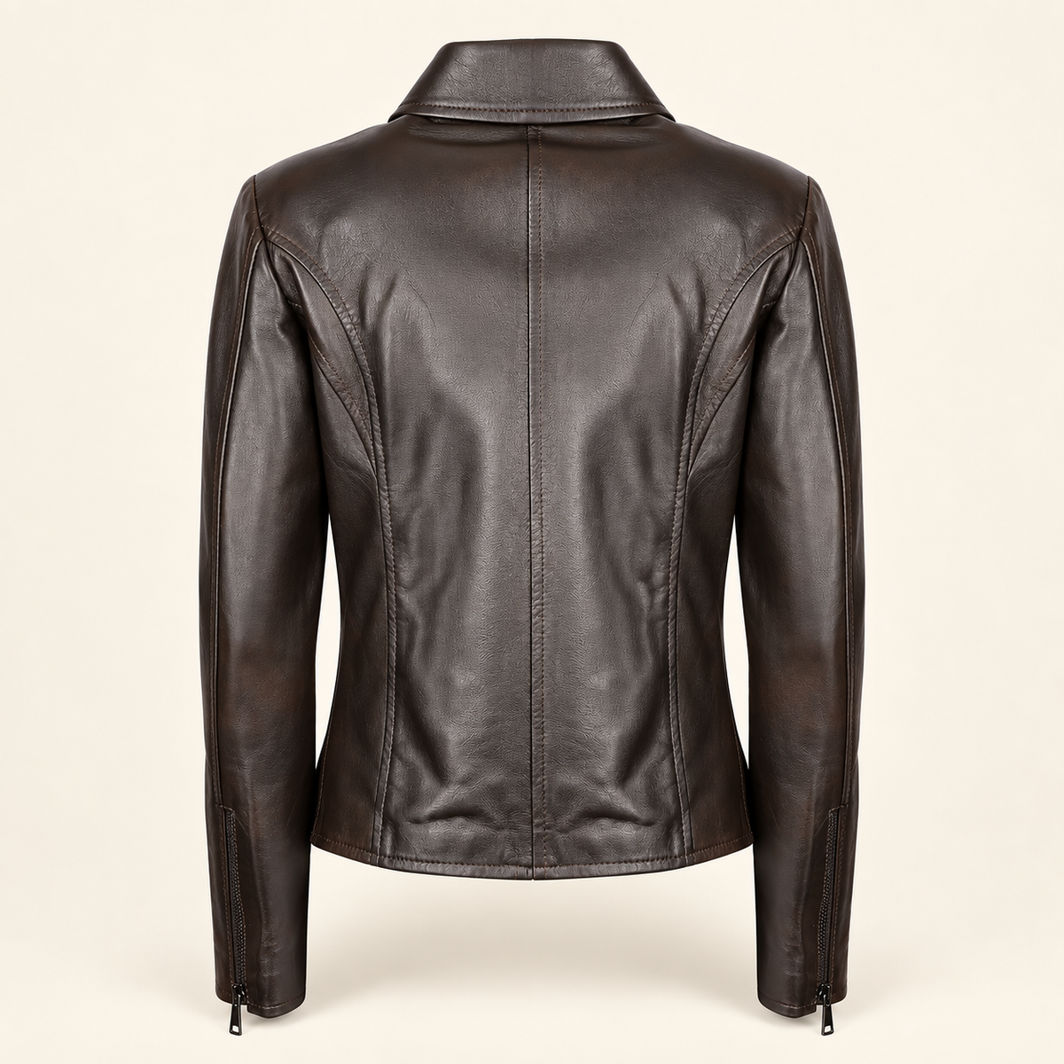 Dark Brown women's fitted lambskin racer jacket, product back.
