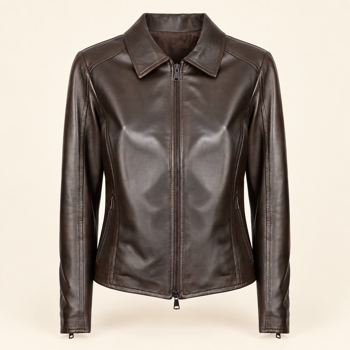 Dark Brown women's fitted lambskin racer jacket, product front.
