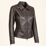 Dark Brown women's fitted lambskin racer jacket, side angle.