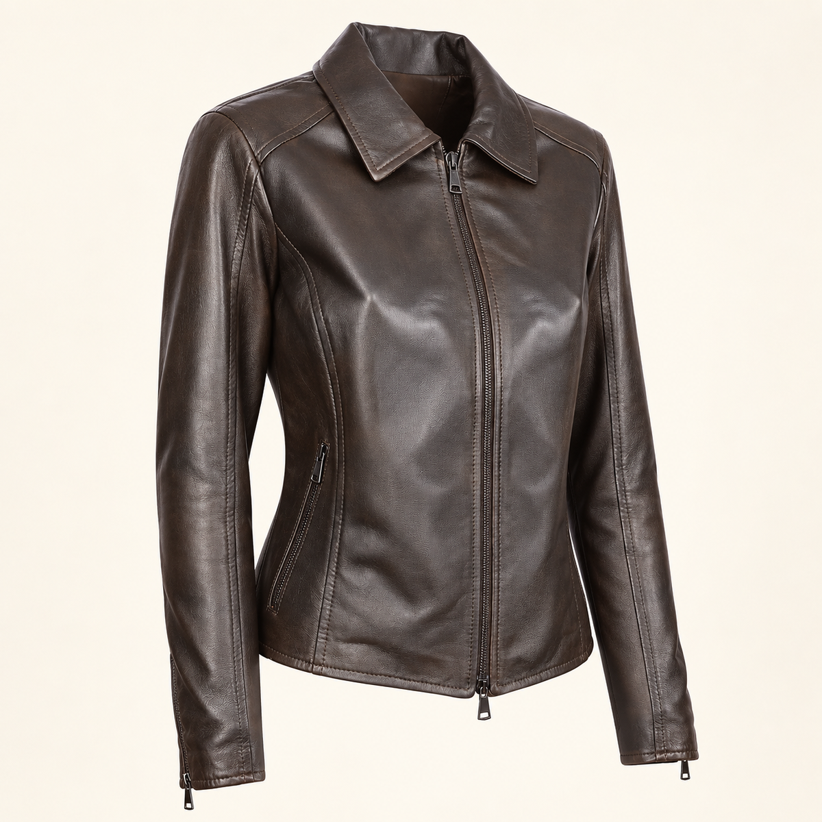 Dark Brown women's fitted lambskin racer jacket, side angle.