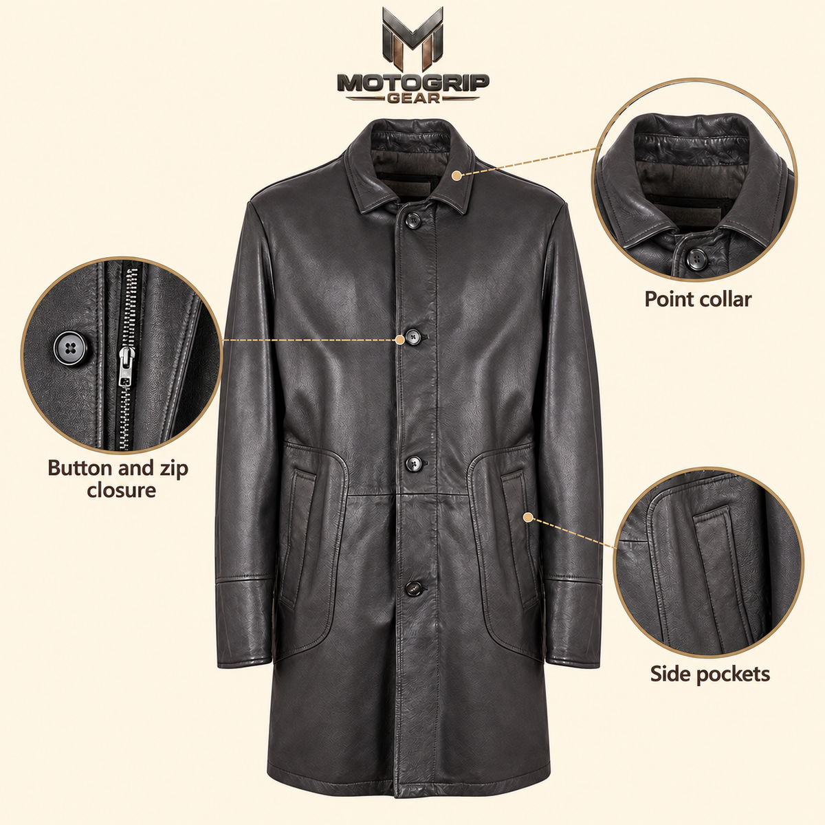 Feature diagram showing visible garment details of the Eversham men's dark brown mid-length leather coat.