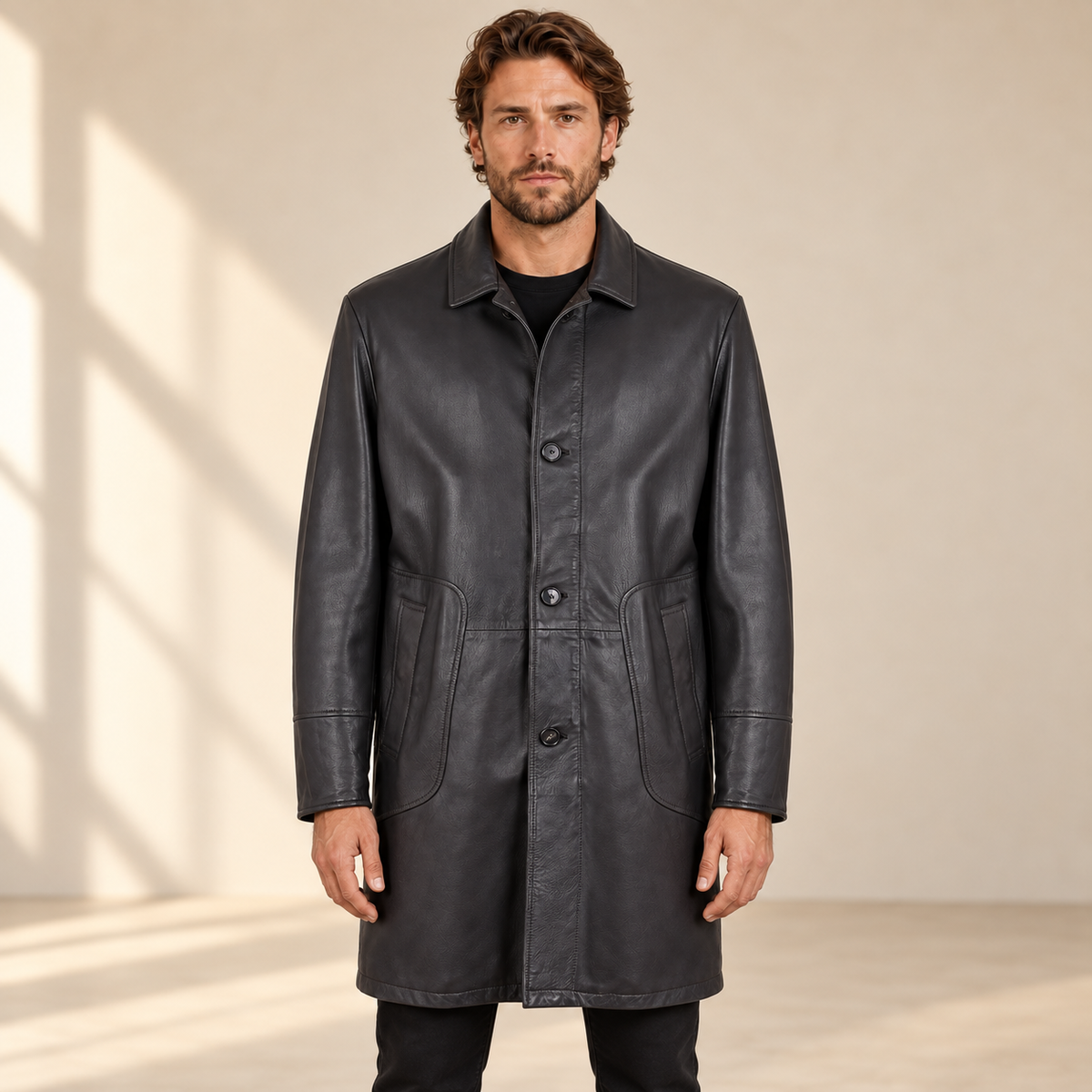 Front view worn by a male model of the Eversham men's dark brown mid-length leather coat.