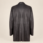 Straight rear product view of the Eversham men's dark brown mid-length leather coat.