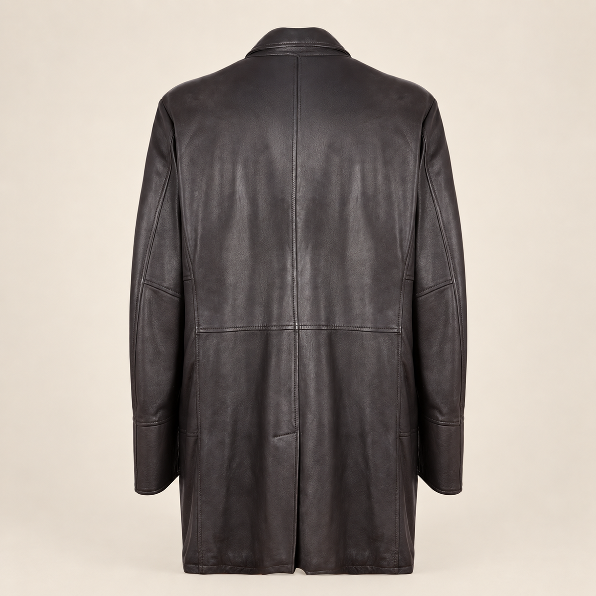 Straight rear product view of the Eversham men's dark brown mid-length leather coat.