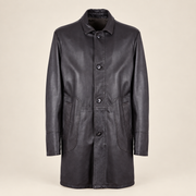 Straight front product view of the Eversham men's dark brown mid-length leather coat.