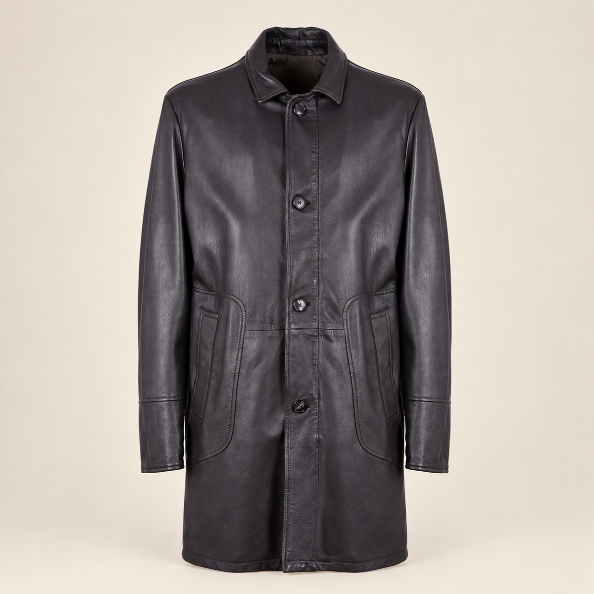 Straight front product view of the Eversham men's dark brown mid-length leather coat.