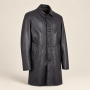 Three-quarter product view of the Eversham men's dark brown mid-length leather coat.