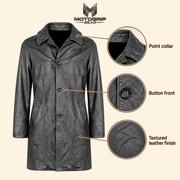 Feature diagram showing visible garment details of the Falkner men's black retro leather coat.