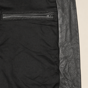 Interior construction and pocket detail of the Falkner men's black retro leather coat.