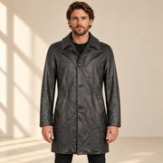 Front view worn by a male model of the Falkner men's black retro leather coat.