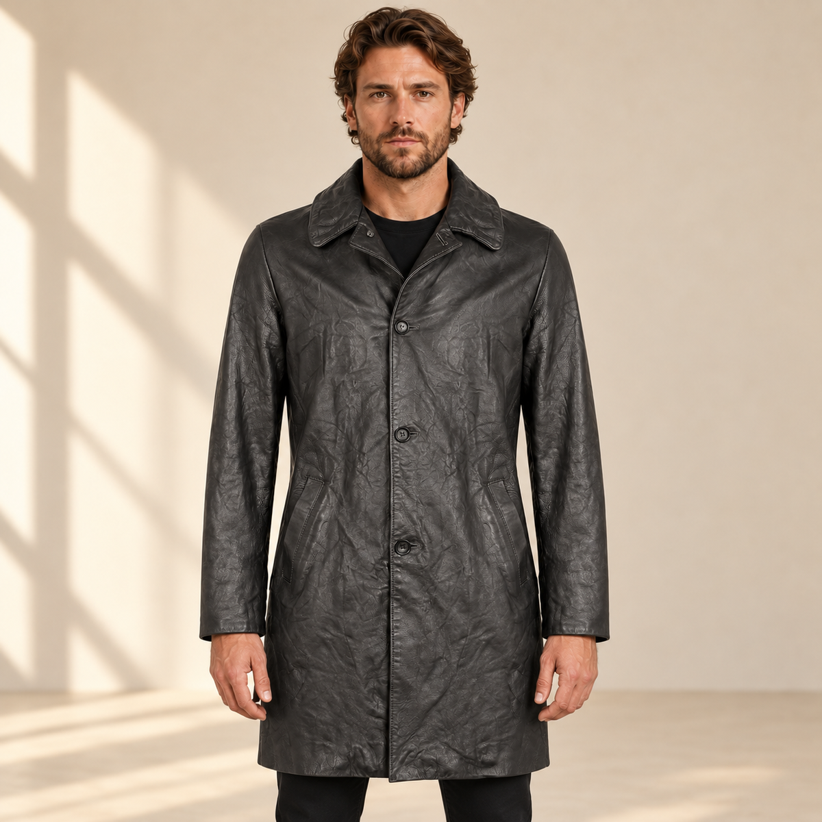 Front view worn by a male model of the Falkner men's black retro leather coat.