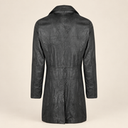 Straight rear product view of the Falkner men's black retro leather coat.