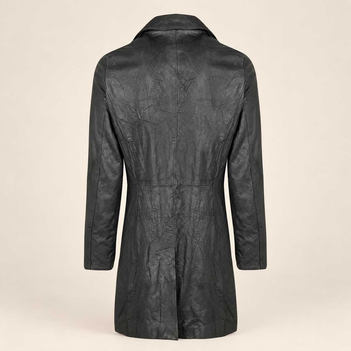 Straight rear product view of the Falkner men's black retro leather coat.