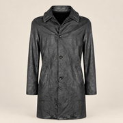 Straight front product view of the Falkner men's black retro leather coat.