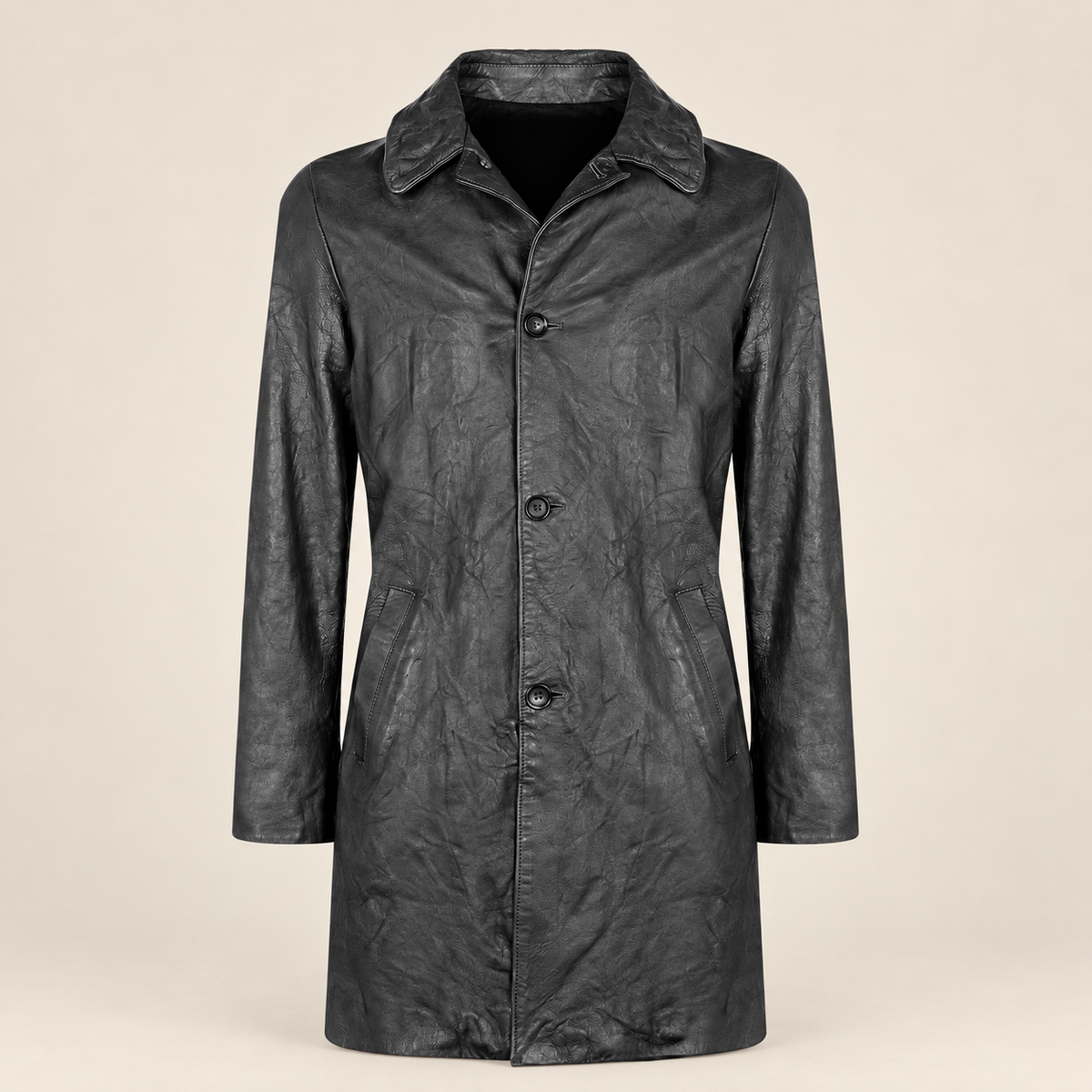 Straight front product view of the Falkner men's black retro leather coat.