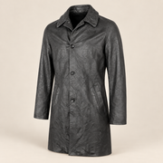 Three-quarter product view of the Falkner men's black retro leather coat.