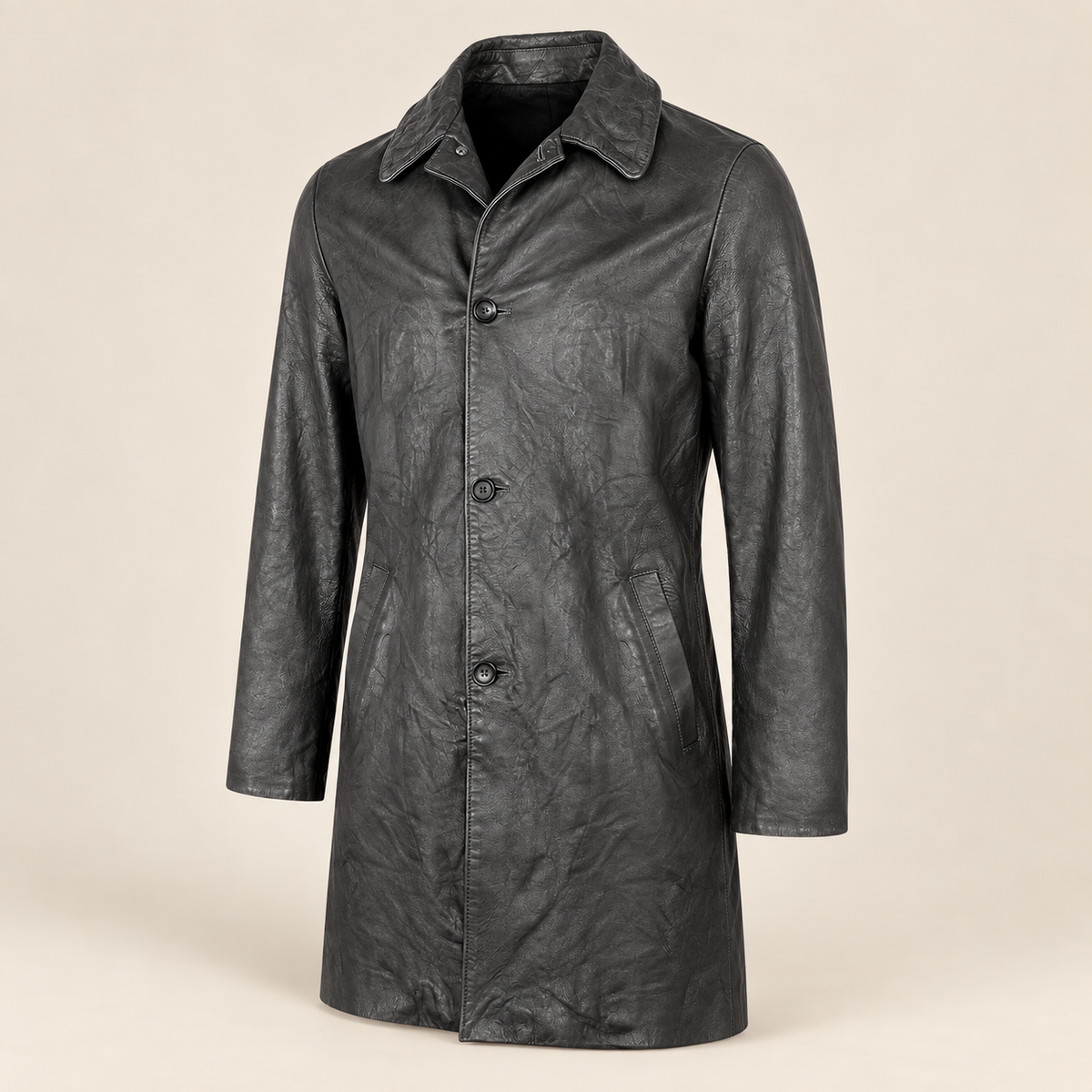 Three-quarter product view of the Falkner men's black retro leather coat.