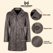 Feature diagram showing visible garment details of the Falkner men's grey retro leather coat.