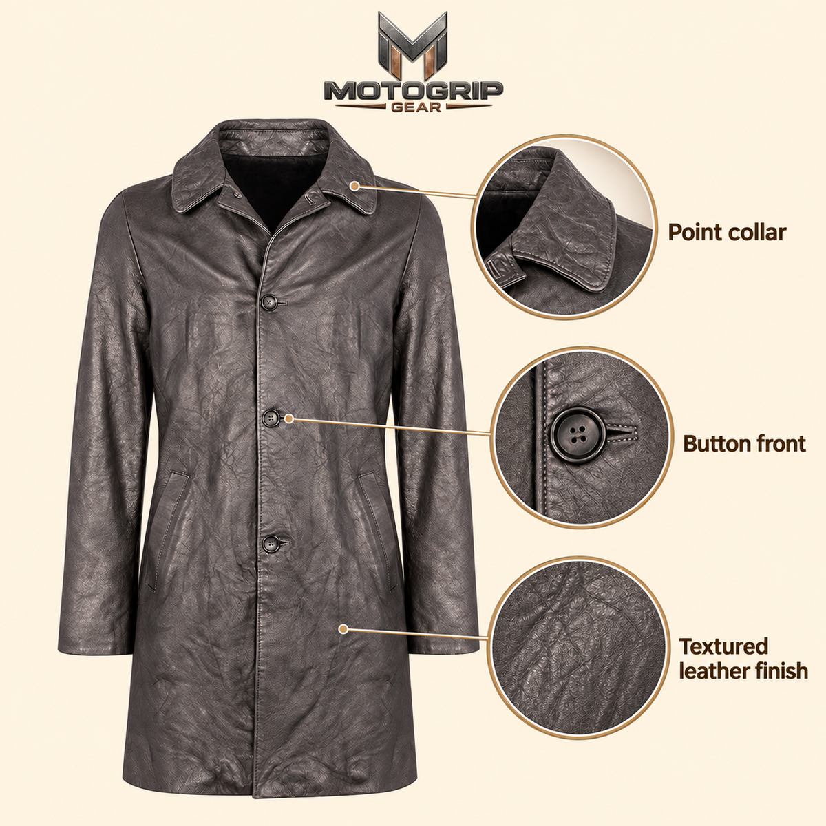 Feature diagram showing visible garment details of the Falkner men's grey retro leather coat.