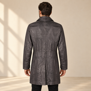 Rear view worn by a male model of the Falkner men's grey retro leather coat.