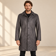 Front view worn by a male model of the Falkner men's grey retro leather coat.