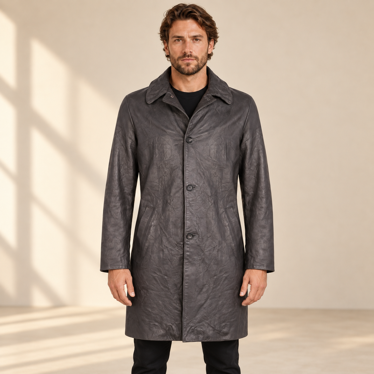 Front view worn by a male model of the Falkner men's grey retro leather coat.