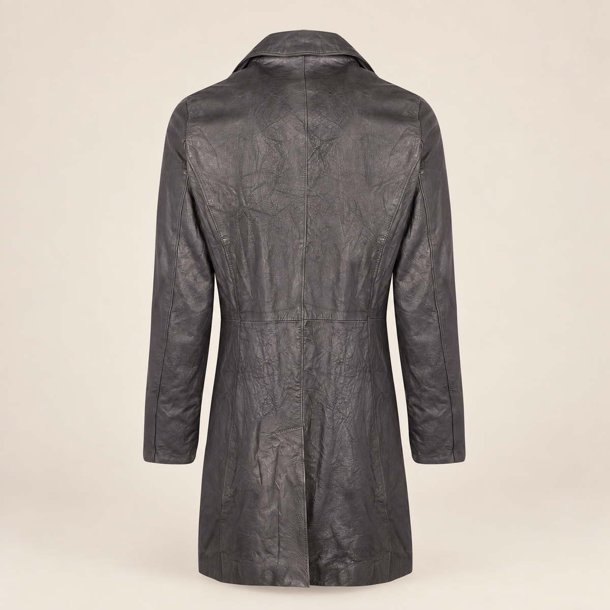 Straight rear product view of the Falkner men's grey retro leather coat.