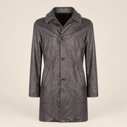 Straight front product view of the Falkner men's grey retro leather coat.