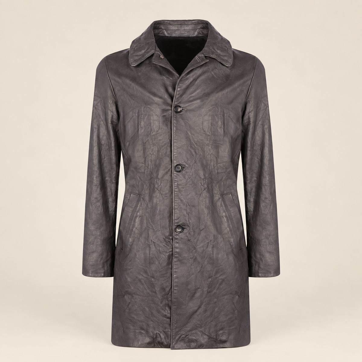 Straight front product view of the Falkner men's grey retro leather coat.