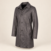 Three-quarter product view of the Falkner men's grey retro leather coat.