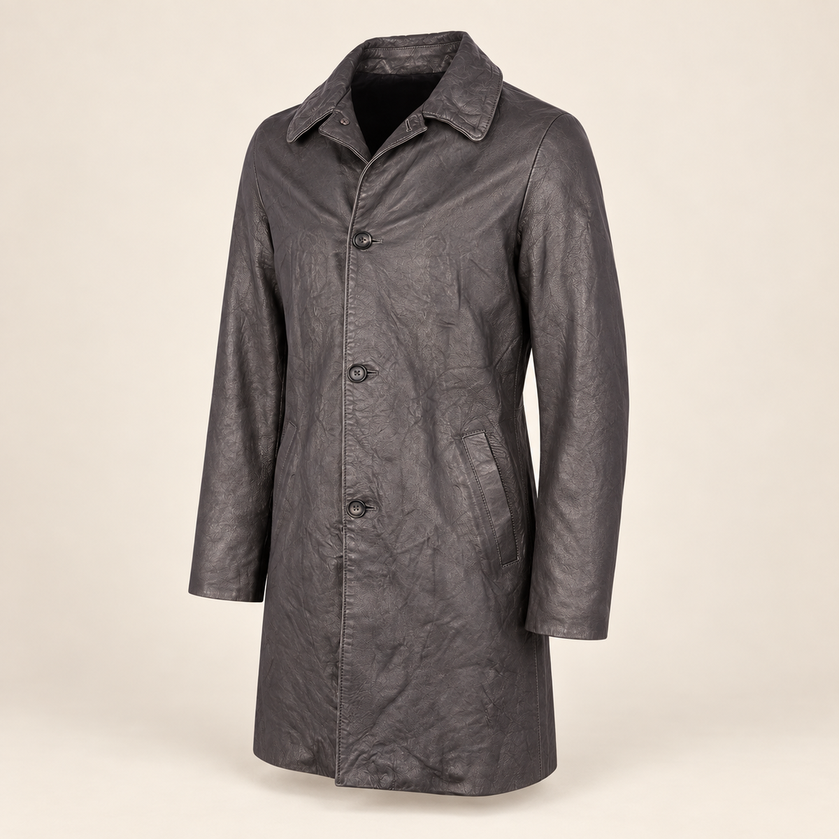 Three-quarter product view of the Falkner men's grey retro leather coat.