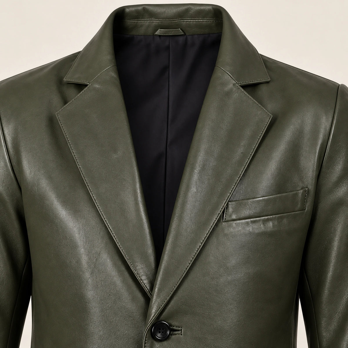 MOTOGRIP Fernwick men's Dark Green Sheepskin Leather Blazer, close-up of leather and construction details.